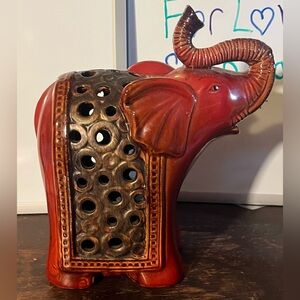 Red Elephant Figurine with Cutout Design pottery glazed statue